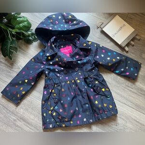 London Fog Girls Navy Rain Winter Coat w Rainbow Hearts & Glitter Buttons. Sz 2T